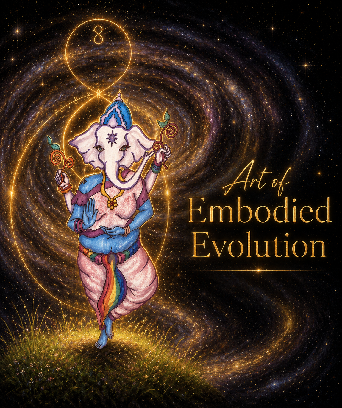 Female Ganesha with rainbow sash dancing over a grass covered earth emerging from a spiral galaxy. Art of Embodied Evolution written on the right side